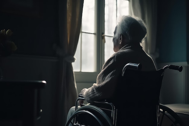 Senior woman sitting on the wheelchair alone AI