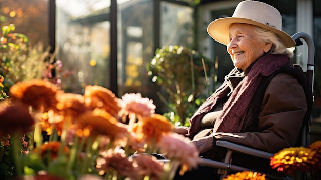 Пожилая женщина сидит в инвалидной коляске в саду
