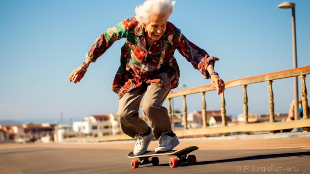 senior woman on a skateboard