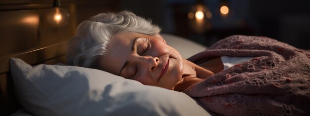 Фото Пожилая женщина спит в постели дома.