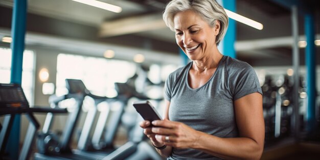 Пожилая женщина улыбается, используя фитнес-приложение на своем смартфоне в хорошо оборудованном тренажерном зале