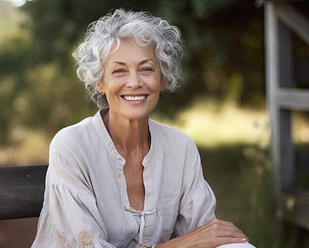 Foto donna senior che sorride alla macchina fotografica in un momento felice