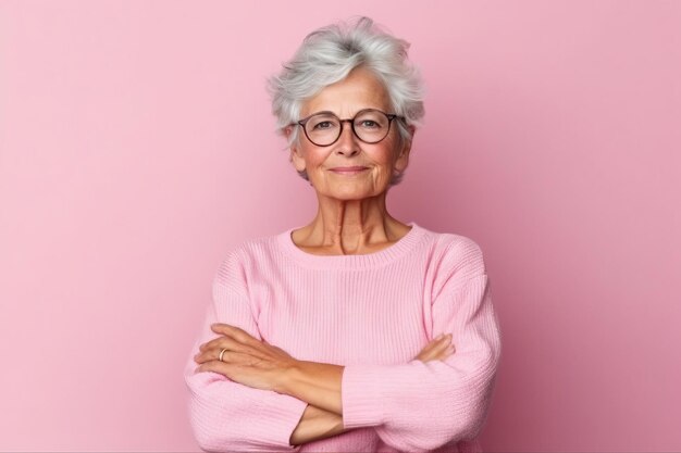 Senior woman smiling looking happy posing in front a seamless background