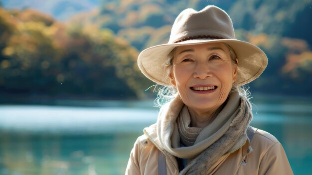 秋の葉っぱと湖で屋外で笑顔を浮かべている高齢の女性