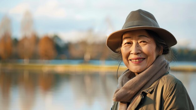 秋の葉っぱと湖で屋外で笑顔を浮かべている高齢の女性