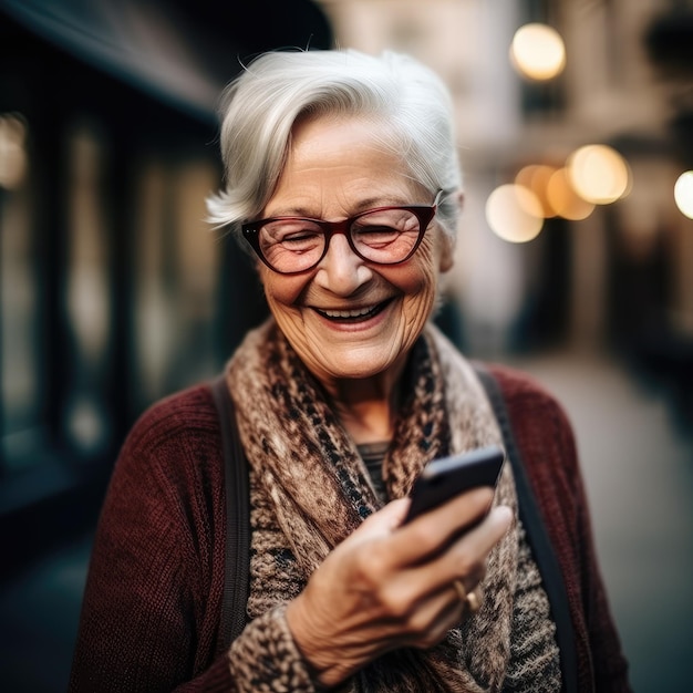 Пожилая женщина улыбается смартфону