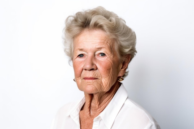 A senior woman standing against a white background created with generative ai