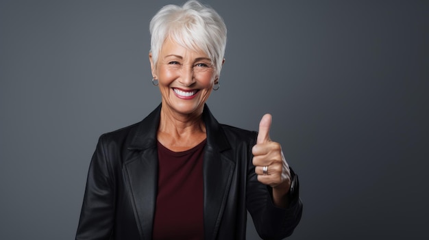Senior woman standing over isolated dark background doing happy thumbs up gesture with hand