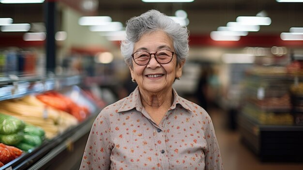 흐려진 배경 에 슈퍼마켓 에 서 있는 고령 여성