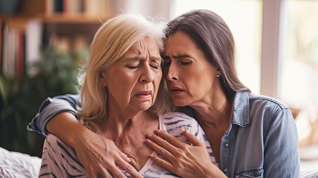 Senior woman suffering clutching and having difficulty breathing chest pain or heart attack daughter help and support her mother life and living insurance