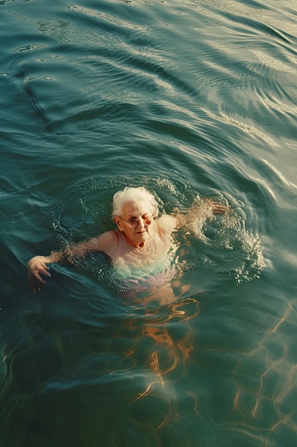 Photo senior woman swimming in summer sea top view ai generative