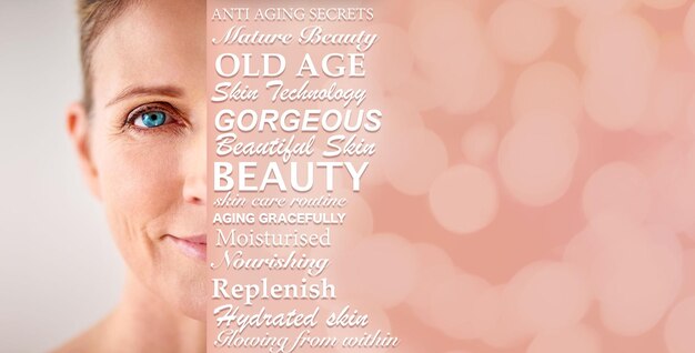 Photo senior woman text overlay and beauty portrait wellness and anti aging self care with mockup space elderly model skincare collage and health with cosmetics dermatology and studio background