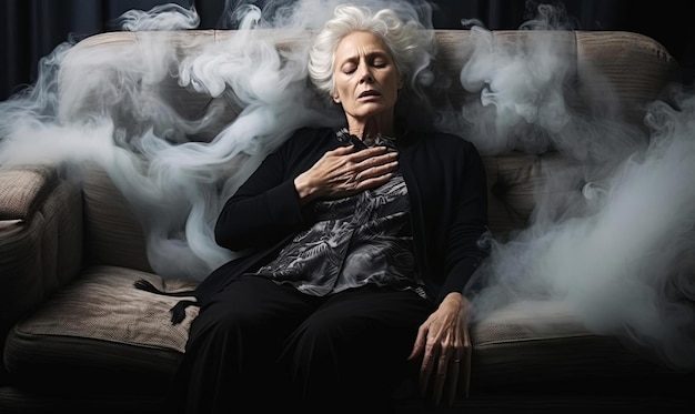 senior woman touching her chest while sitting on a gray sofa in the style of tenebrism mastery