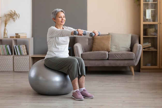 Senior woman training at home