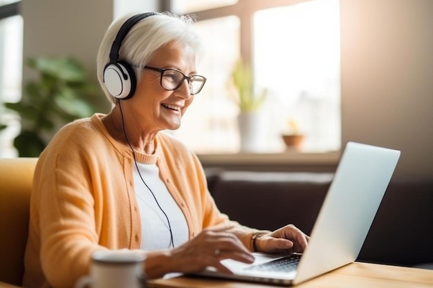 Photo senior woman using laptop while wearing headphones at home