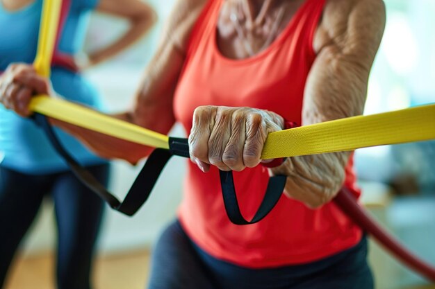 Senior woman using resistance stretch bands for strength training in gym