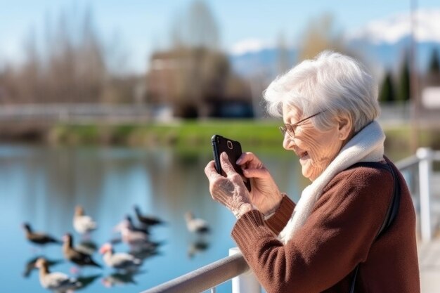 A senior woman using a smartphone to take pictures of birds created with generative ai