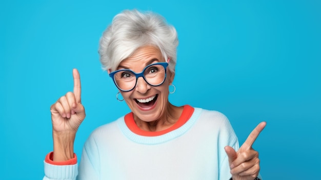 Senior woman wearing casual clothes and glasses pointing with hand and finger to the side looking at the camera