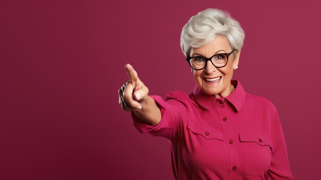 Senior woman wearing casual clothes pointing with hand and finger to the side looking at the camera