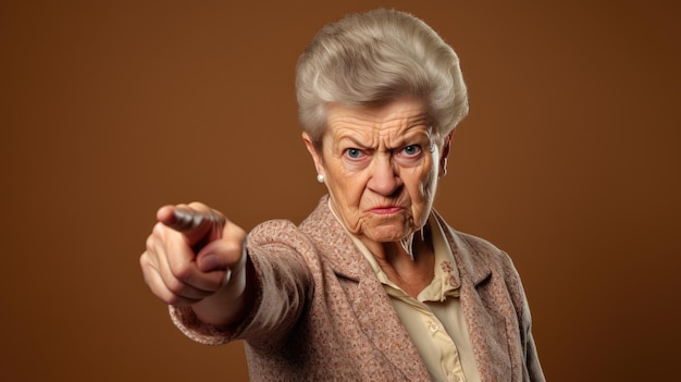 Старшая женщина в повседневной одежде, указывающая рукой и пальцем в сторону, глядя на камеру
