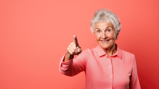 Senior woman wearing casual clothes pointing with hand and finger to the side looking at the camera