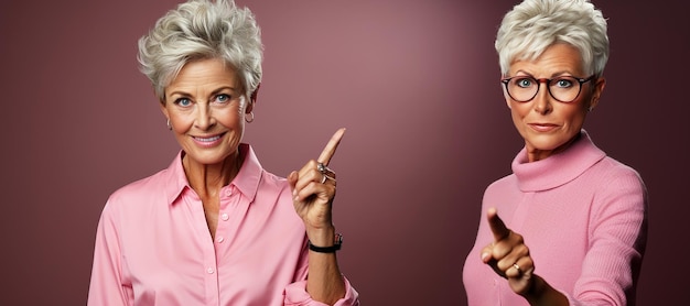 Senior woman wearing casual clothes pointing with hand and finger to the side looking at the camera