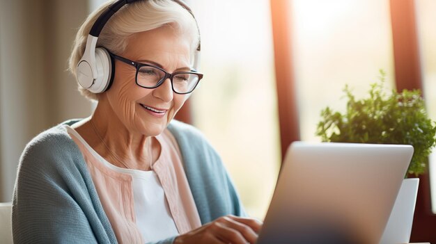 Photo senior woman wearing headphones making a video call on a tablet