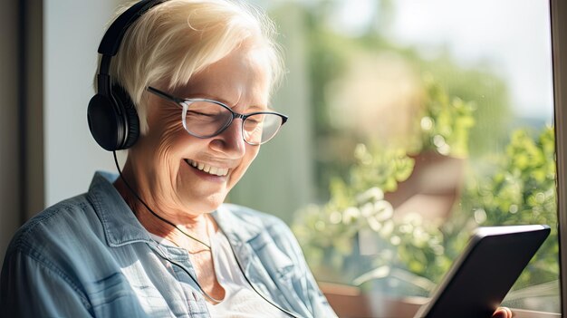 Senior woman wearing headphones making a video call on a tablet