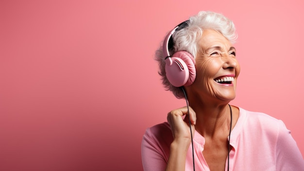 Senior woman wearing headphones on a pink background listening to her favorite music