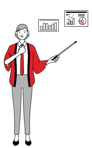 senior woman wearing a red happi coat analyzing a performance graph