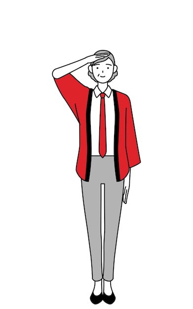senior woman wearing a red happi coat making a salute