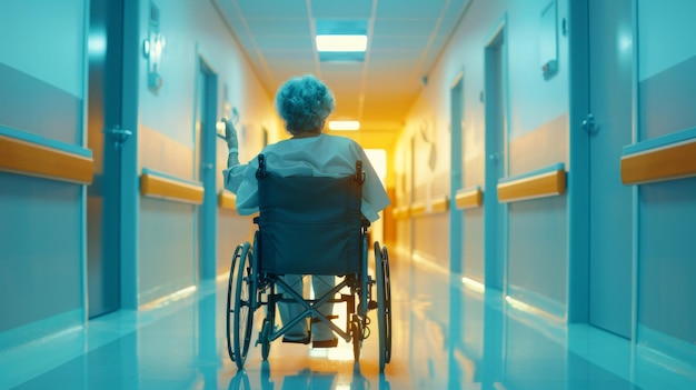Пожилая женщина в инвалидном кресле в сопровождении заботливой медсестры движется по ярко освещенным коридорам больницы.