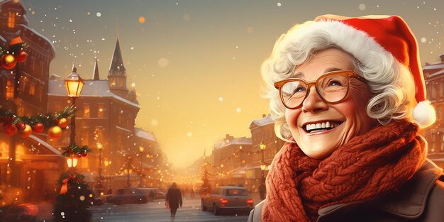 Senior woman in winter clothes at Christmas city street background Illustration Winter holidays