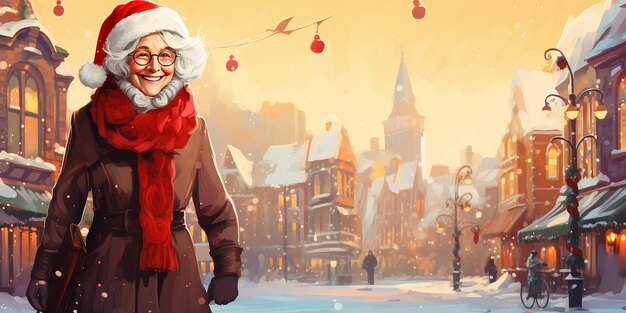 クリスマス・シティの街の背景に冬の服を着た高齢の女性 イラスト 冬の休日