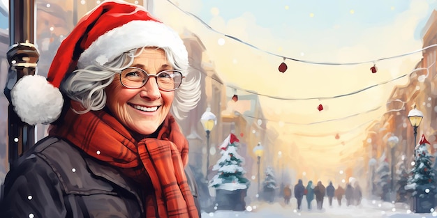 Photo senior woman in winter clothes at christmas city street background illustration winter holidays