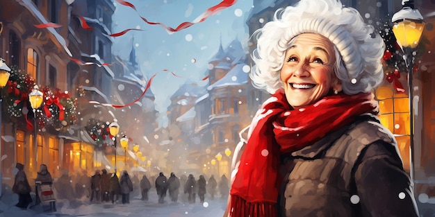 Photo senior woman in winter clothes at christmas city street background illustration winter holidays