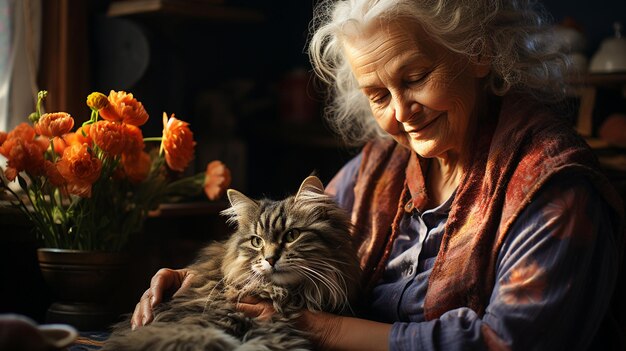 Photo senior woman with cat