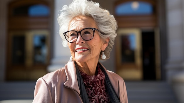 Senior woman with a courthouse backdropxA