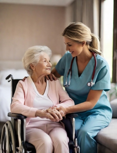 Senior woman with daughter nurse taking care of senior woman on wheelchair