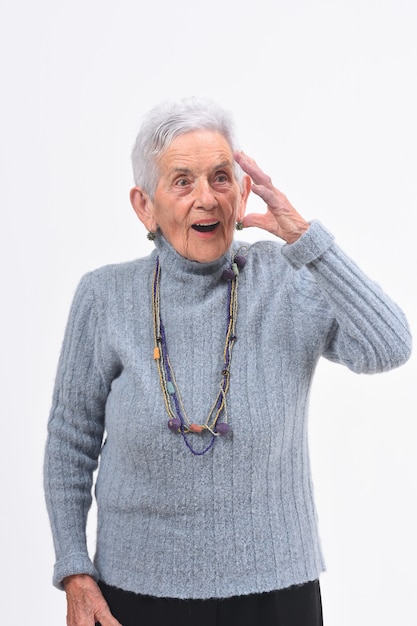 Senior woman with expression of forgetfulness or surprise on white background