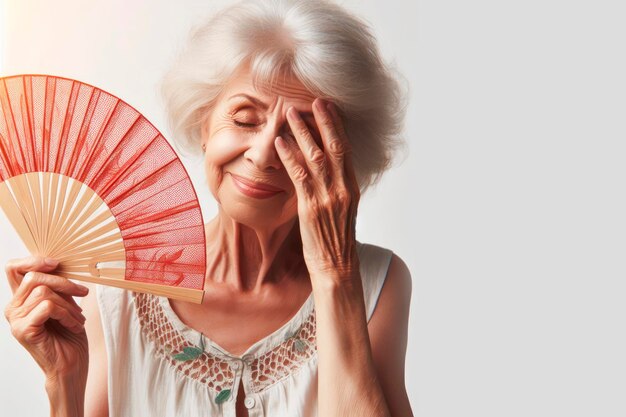 A senior woman with a fan waves on face at herself on a white background ai generative