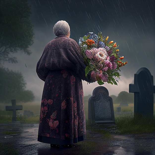 Senior woman With Flowers Standing By Grave on cemetery in the pouring rain with umbrella