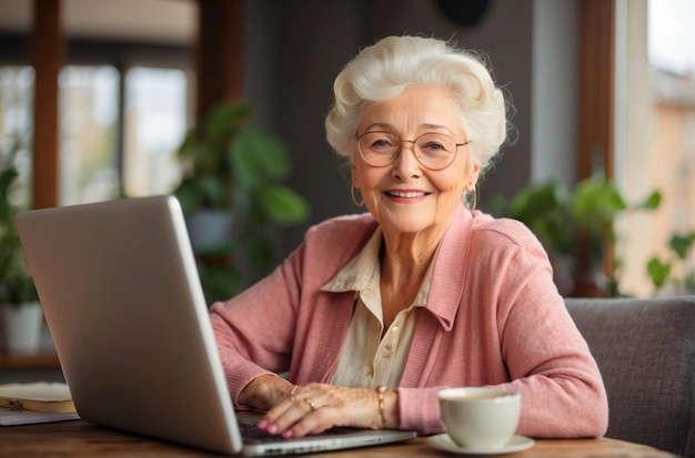Senior woman with glasses working with laptop from home smiling and looking at the camera