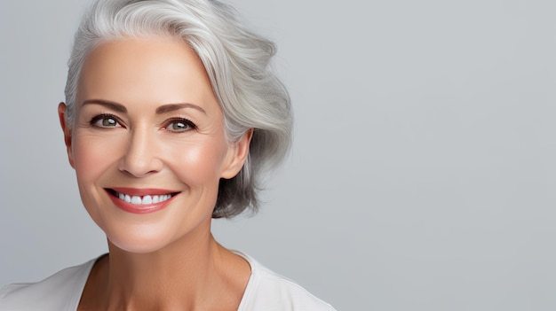 senior woman with gray hair portrait over gray background