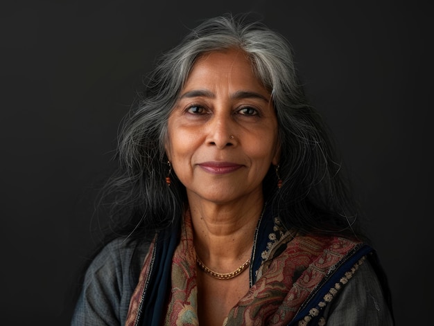 Senior woman with gray hair and traditional Indian shawl