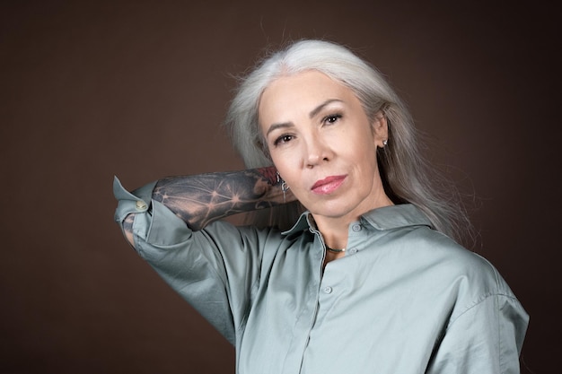 Senior woman with long white hair