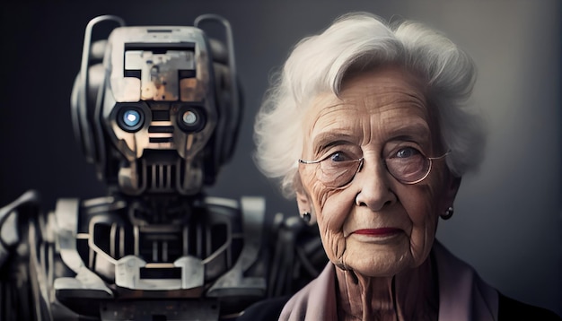 Photo senior woman with robot care for the future generate ai