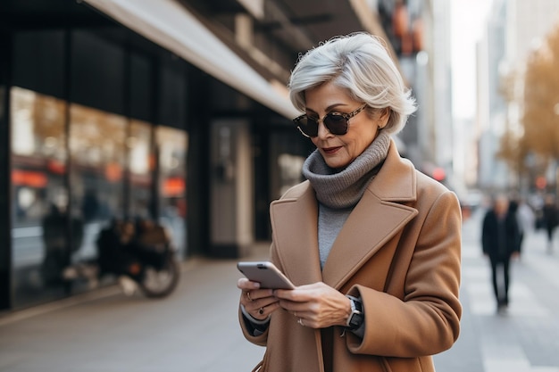 Senior woman with smartphone on the city street