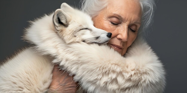 senior woman with white hair gently embraces a white fox eyes closed in a dark setting Moment captures a mood suitable for depicting compassion ageless love animal saving