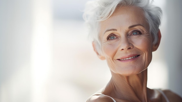 A senior woman with a white hair smiles ai